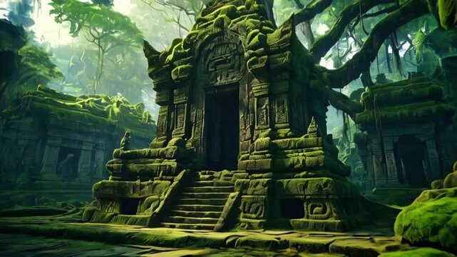 A moss-covered stone temple intricate, hidden within a thick jungle, with roots of massive trees encasing structure, 2D flat anime or cartoon illustration style, 4k landscape animation video