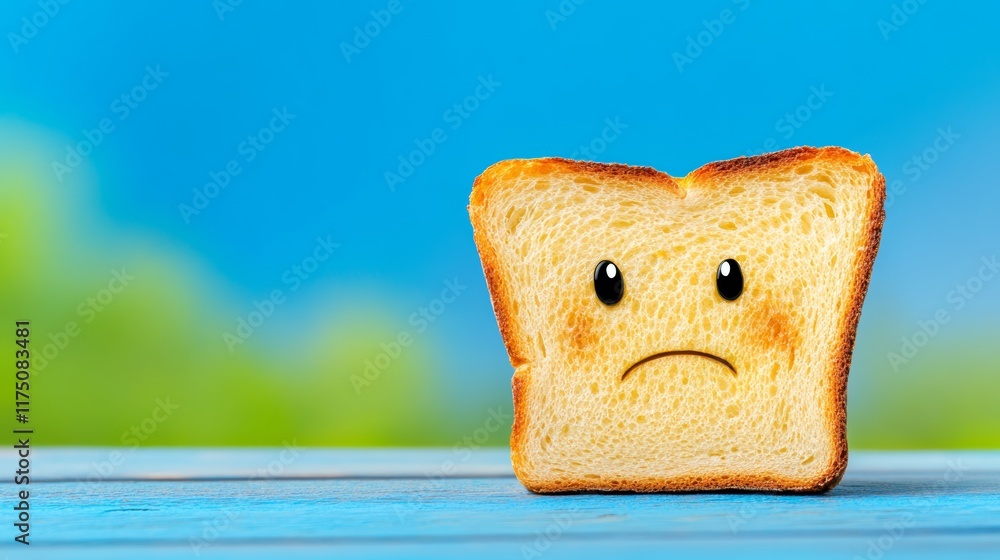 Poster sad looking piece of toast with a frowning face on it. the toast is burnt and has a sad expression