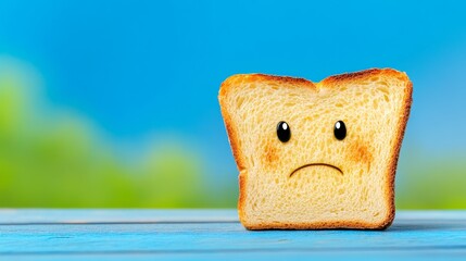 Sad looking piece of toast with a frowning face on it. The toast is burnt and has a sad expression
