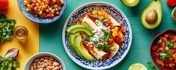 Colorful Mexican Cuisine with Enchiladas, Avocado, Salsa, and Fresh Ingredients on a Vibrant Table