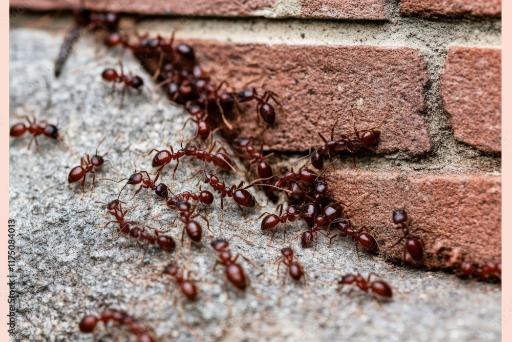 Poster a vivid image shows a large group of red ants climbing a textured brick wall, illustrating their tea