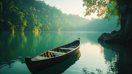 Wooden Boat on Serene Green Lake Surrounded by Lush Forest