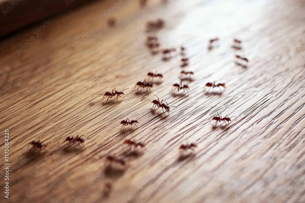 Aufkleber An array of red ants scattered across a rustic wooden floor, illustrating the daily activities of ants as they search for resources in a natural environment.