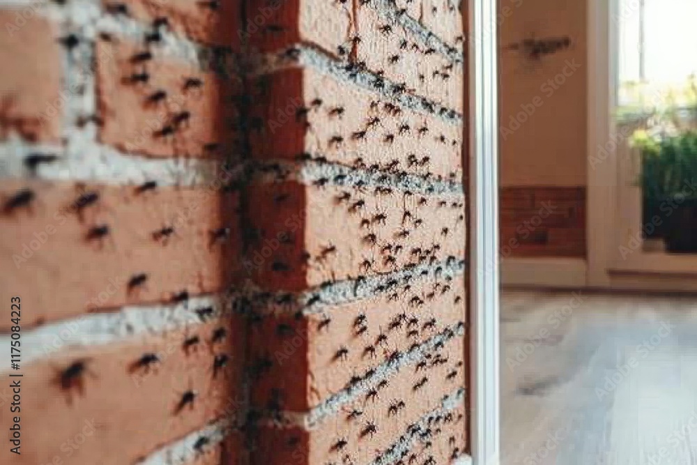 Poster A densely populated brick wall covered by numerous black ants, creating an intriguing visual as they traverse the surface in unison, symbolizing collective effort.