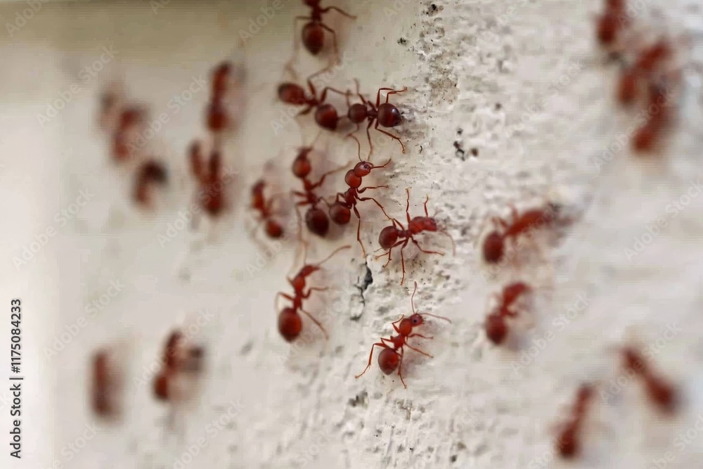 Aufkleber several red ants actively exploring a smooth white wall, showcasing their curiosity and diligence in