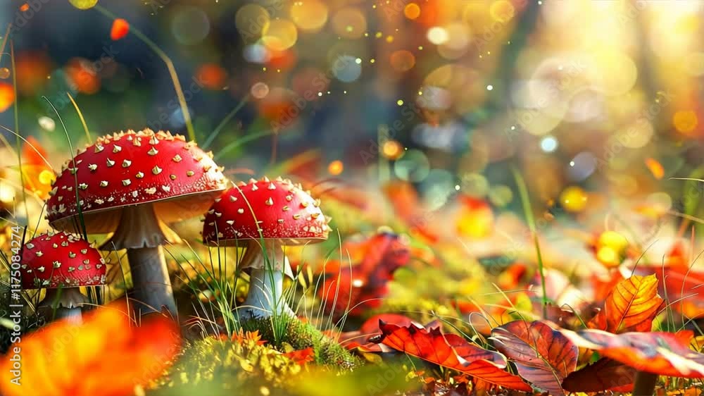 Poster vibrant red mushrooms in colorful autumn forest, surrounded by leaves and natures beauty, create mag