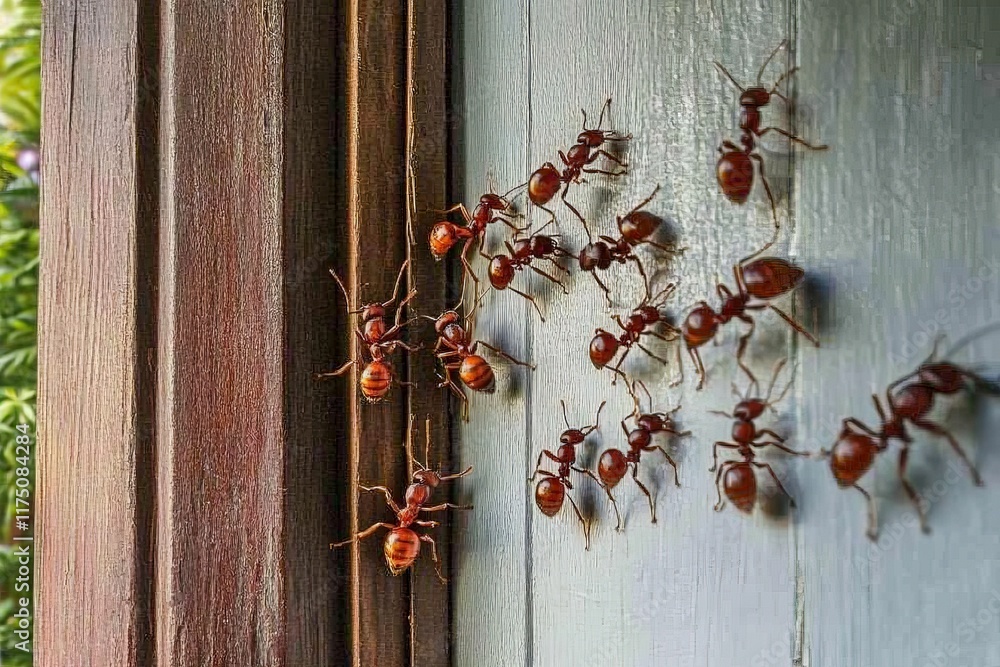 Poster a swarm of red ants moving along a wooden door frame, showcasing their collective behavior as they n