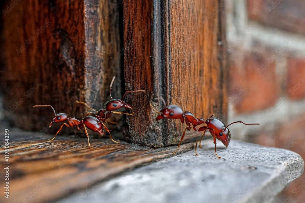 Poster several vibrant red ants are seen up close, exploring a wooden surface adjacent to a brick wall, hig