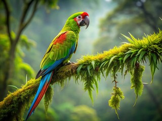Fototapeta premium Rare Green Macaw in Costa Rican Rainforest - Wild Bird on Branch