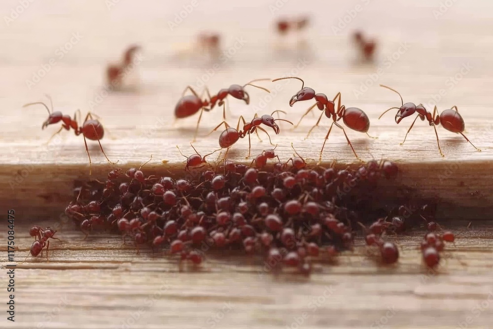 Poster A dense congregation of ants occupies a wooden surface, demonstrating their collective behavior and the intricate patterns formed by their swarming activity.
