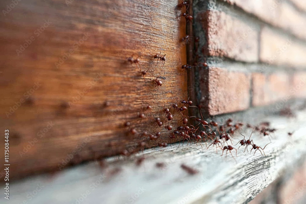 Poster This image showcases ants climbing on a textured brick wall, highlighting their determination and teamwork as they navigate their environment with precision.