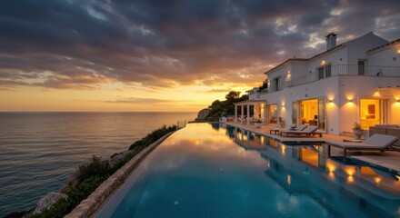 Luxurious coastal villa, infinity pool overlooking ocean, dramatic sunset sky, golden hour light, cliffside property, Mediterranean architecture, panoramic sea view, tranquil reflections, elegant outd