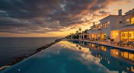 Fototapeta premium Luxurious coastal villa, infinity pool overlooking ocean, dramatic sunset sky, golden hour light, cliffside property, Mediterranean architecture, panoramic sea view, tranquil reflections, elegant outd
