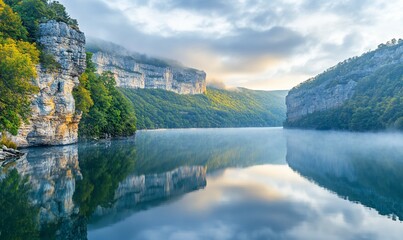 Naklejka premium Calm lake sunrise, canyon reflections, misty morning