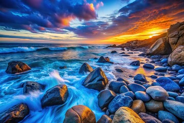 Majestic Blue Rock Formations at Sunset, Dramatic Coastal Landscape
