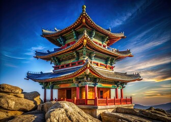 Fototapeta premium Majestic Chinese Rock Pagoda Against a Vivid Blue Sky - High Resolution Stock Photo