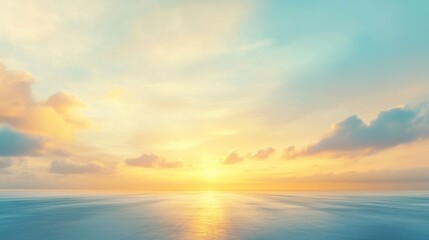 A tranquil airport runway shining in golden light, set against a gradient sunrise sky with hues of blue and yellow and drifting clouds above