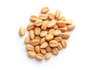 Close-up of light brown seeds on white background, food ingredient.