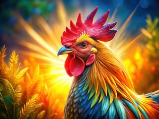 Fototapeta premium Majestic Rooster Double Exposure Portrait: Sunlit Feathers & Rural Landscape