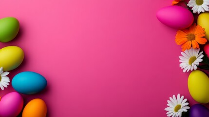 Fototapeta premium Pink background with a bunch of colorful eggs and flowers. The eggs are in various colors and sizes, and the flowers are yellow and orange. Scene is cheerful and festive