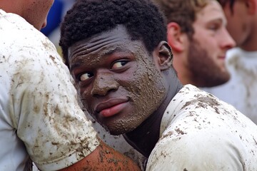 A mud-caked rugby player gazes with determination, capturing the essence of competitive sports and the emotional intensity shared in team games during a crucial match.