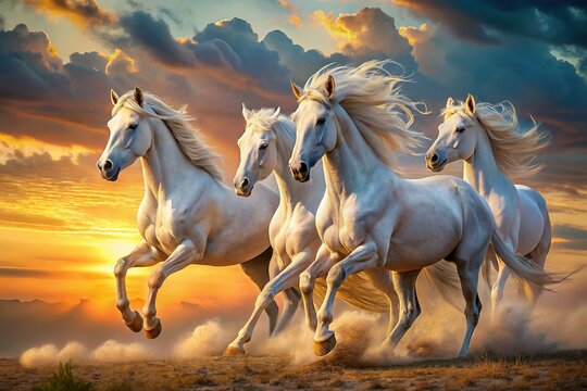 Majestic White Horses Galloping Through Sunset Clouds - Dreamy Macro Photography