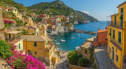 Obraz premium Picturesque Italian coastal village, Colorful hillside houses, Vibrant Mediterranean architecture, Turquoise ocean cove, Small fishing boats, Lush green cliffs, Pink bougainvillea flowers, Winding cob