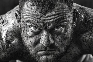 A muscular athlete with a fierce expression covered in mud and sweat, showcasing determination and strength during a challenging fitness session or competition.