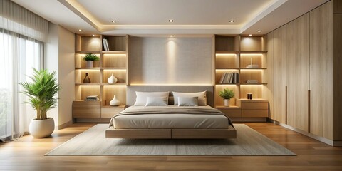 Fototapeta premium Minimalist Bedroom Interior: Long Exposure Platform Bed, Built-in Shelving, Neutral Palette