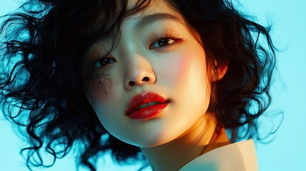 Young Woman with Curly Hair and Red Lips