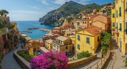 Obraz premium Picturesque Italian coastal village, Colorful hillside houses, Vibrant Mediterranean architecture, Turquoise ocean cove, Small fishing boats, Lush green cliffs, Pink bougainvillea flowers, Winding cob