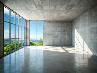 Minimalist Empty Room: Concrete Wall, Large Window, 3D Render