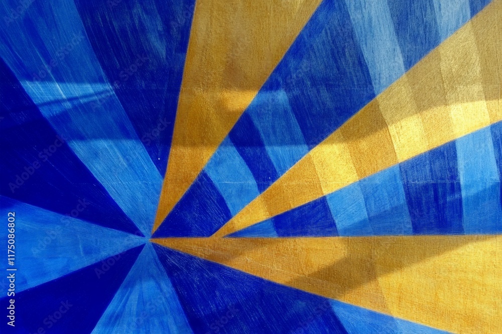 Poster an intricate abstract design featuring bold blue and gold colors, creating a dynamic play of light a