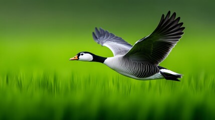 Obraz premium Duck is flying over a green field. The duck is black and white. The sky is blue