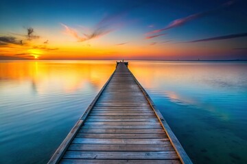 Fototapeta premium Minimalist Jetty at Sunset: Calm Ocean, Wooden Structure