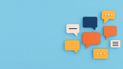 Colorful speech bubbles against a light blue background, representing communication, dialogue, and social interaction.