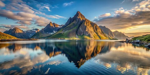 Minimalist Lofoten Islands Landscape: Serene Mountain, Fjord, and Sky
