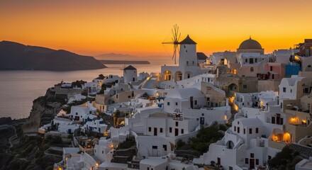 Santorini Greece at sunset, iconic white buildings, blue domed church, dramatic orange sky, Mediterranean coastline, Greek island architecture, golden hour lighting, panoramic view, cliffside village,