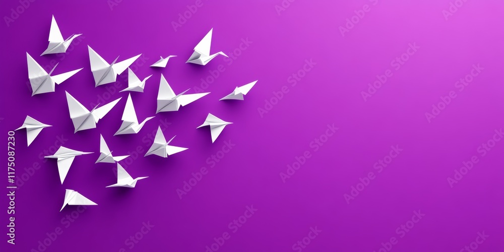 Poster purple background with a flock of paper birds flying in the air. the birds are all different sizes a