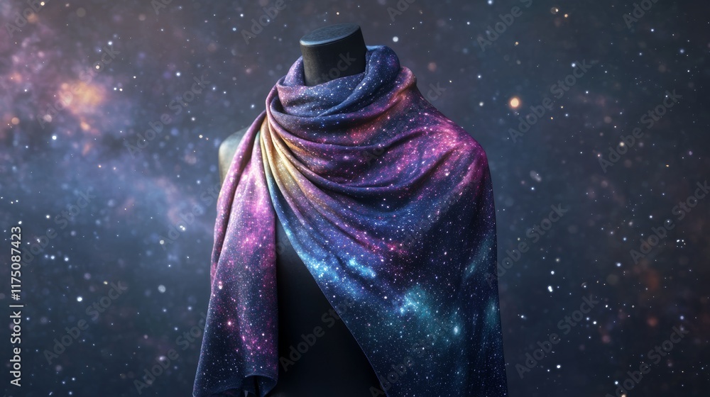 Poster mockup of a custom scarf with a galaxy pattern draped over a minimalist mannequin