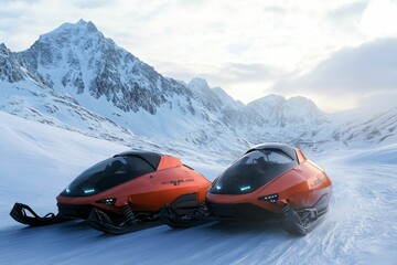 Naklejka premium Two orange snowmobiles in snowy mountains.