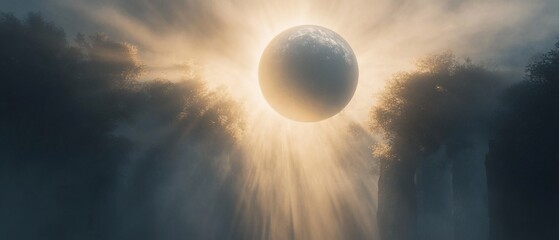 Obraz premium Celestial body rising, misty mountains, sun rays