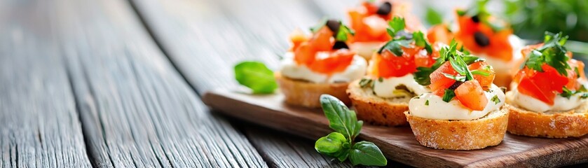 Fresh Bruschetta with Tomato, Basil, and Creamy Cheese on a Wooden Serving Board