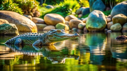 Fototapeta premium Minimalist Stone Alligator Sculpture in Calm Natural Pool