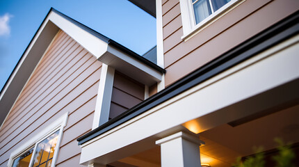 Fototapeta premium Residential Exterior: Light Beige Vinyl Siding, White Trim, and Black Gutters