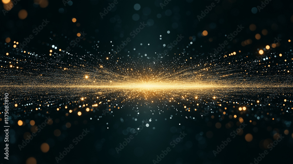 Poster cosmic spark: a mesmerizing abstract image of countless golden particles radiating outward from a ce