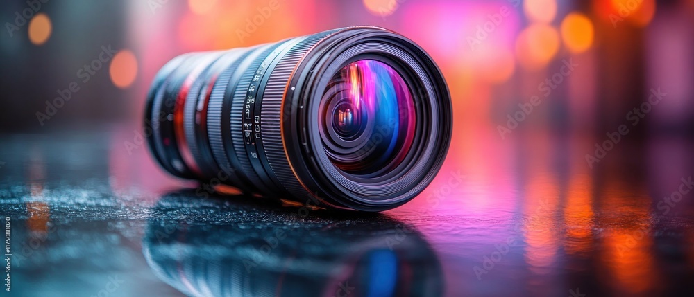 Aufkleber a close-up of a camera lens on a reflective surface with colorful bokeh in the background.