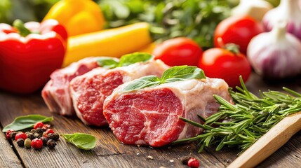 Fresh Raw Meat with Herbs and Vegetables on Wooden Table Surface