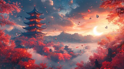 A Serene Oriental Sunset Scene Featuring a Pagoda Surrounded by Red Foliage and Fluttering Butterflies Beneath a Crescent Moon