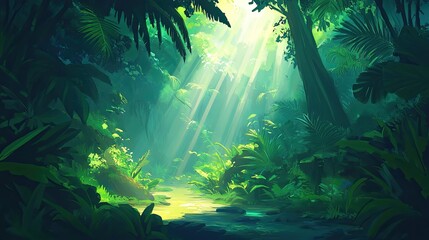 Obraz premium Sunbeams Illuminate Lush Tropical Rainforest Path